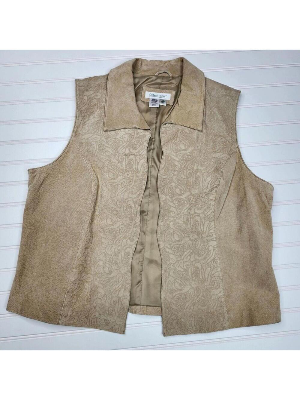 Coldwater Creek Women's Light Tan Tooled Leather Vest XLarge
